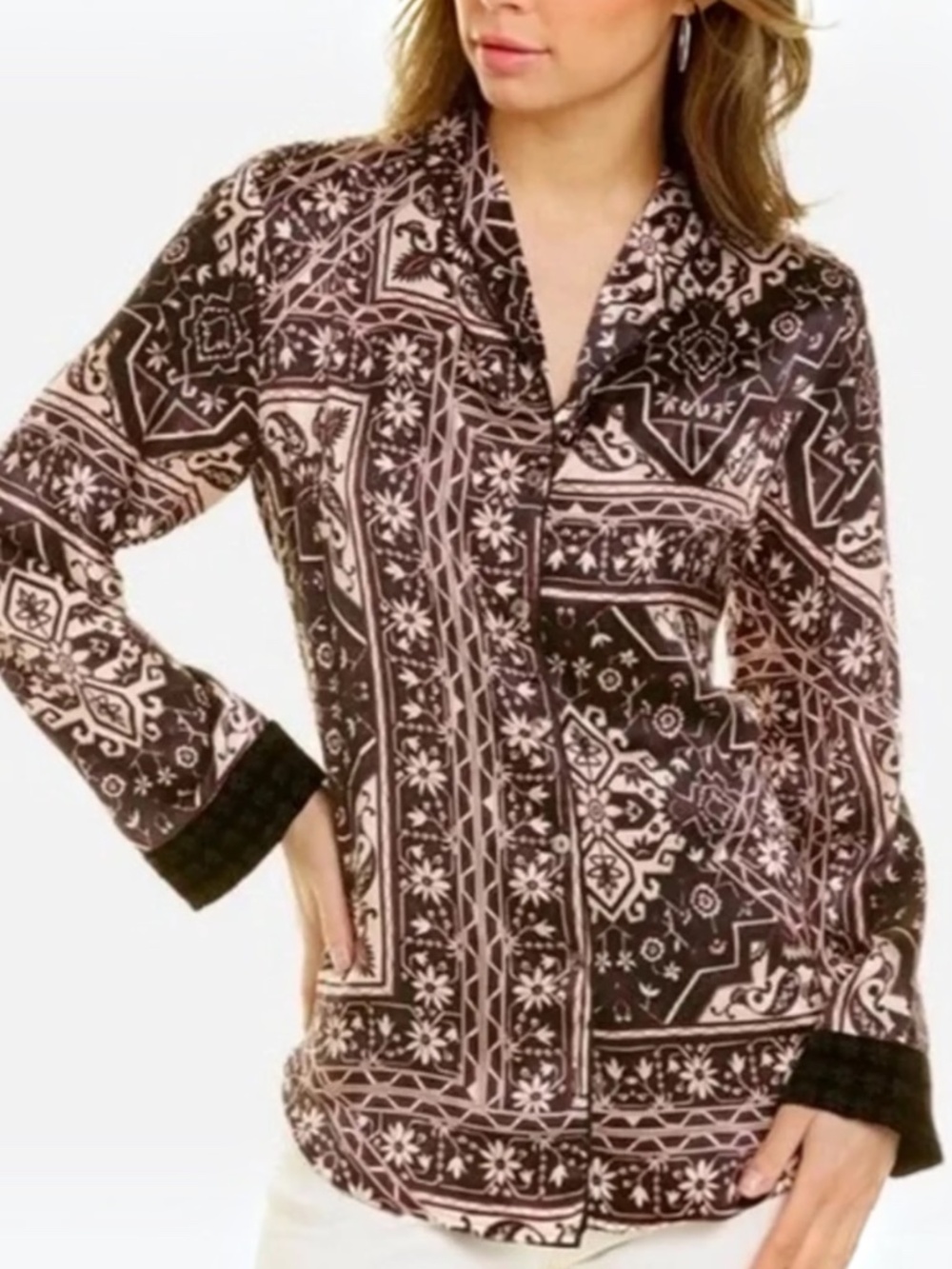 Johnny Was Ophelia Velvet Mix Pajama Top Shirt Silk Size XL